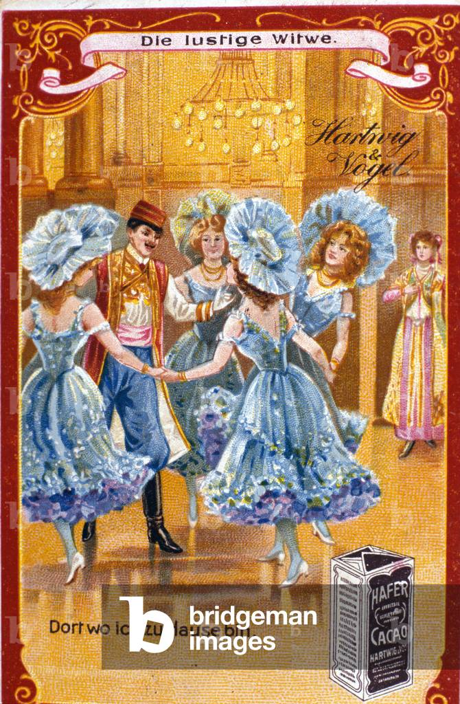 Illustration for the “Happy Widow” by Franz Lehar, Hungarian composer (1870-1948). Act II. chromolithographof the late 20th century.