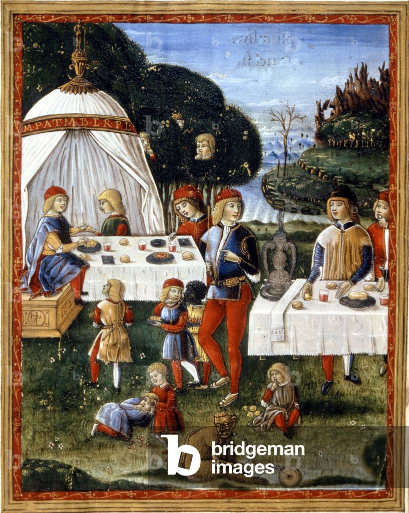 "La merenda di Massimiliano Sforza (1490 - 1530) nel parco. Miniatura di un manoscritto del XV secolo. Milano"