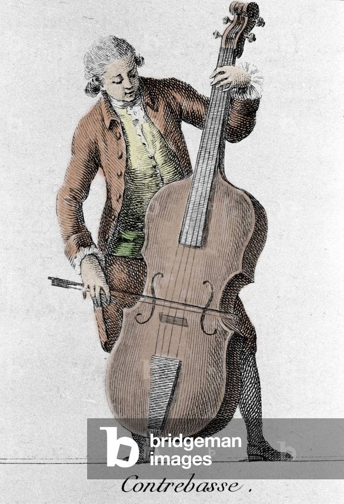 Double bass player. Engraving from the end of the 18th century.