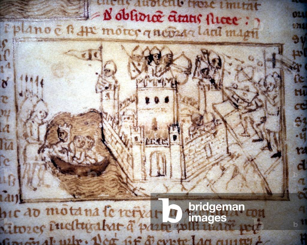 The Crusaders seize a Turkish fortress - in “” Peregrinationem in Terram Sanctam””, 12th century. Biblioteca Marciana, Venice.