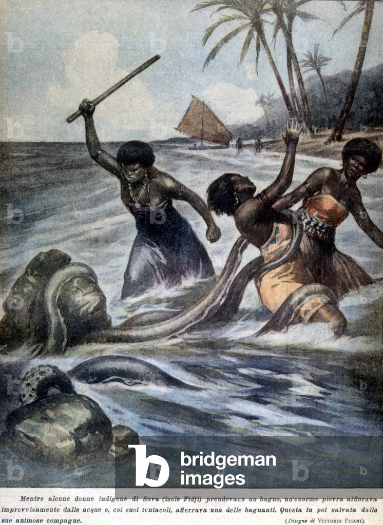 Octopus attacking the inhabitants of the island of Fiji, 1926.