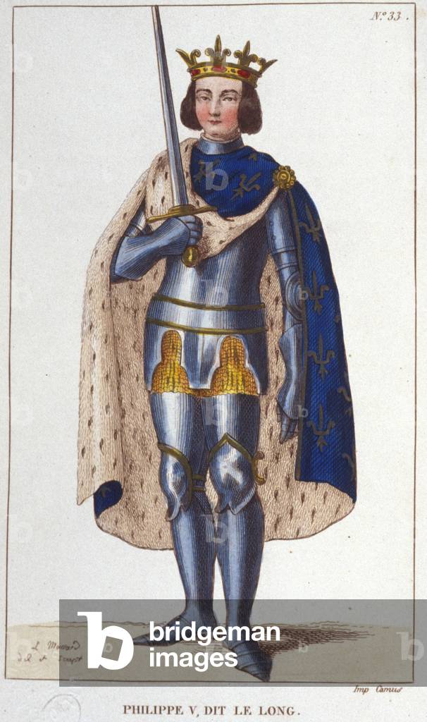 Portrait of Philip V the Long (1294 - 1322), King of France engraving of 1830