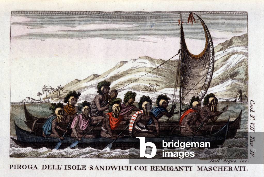 View of a canoe with sails from the Hawaiian Islands in Polynesia, the crew wears typical masks. Lithograph from the beginning of the 19th century