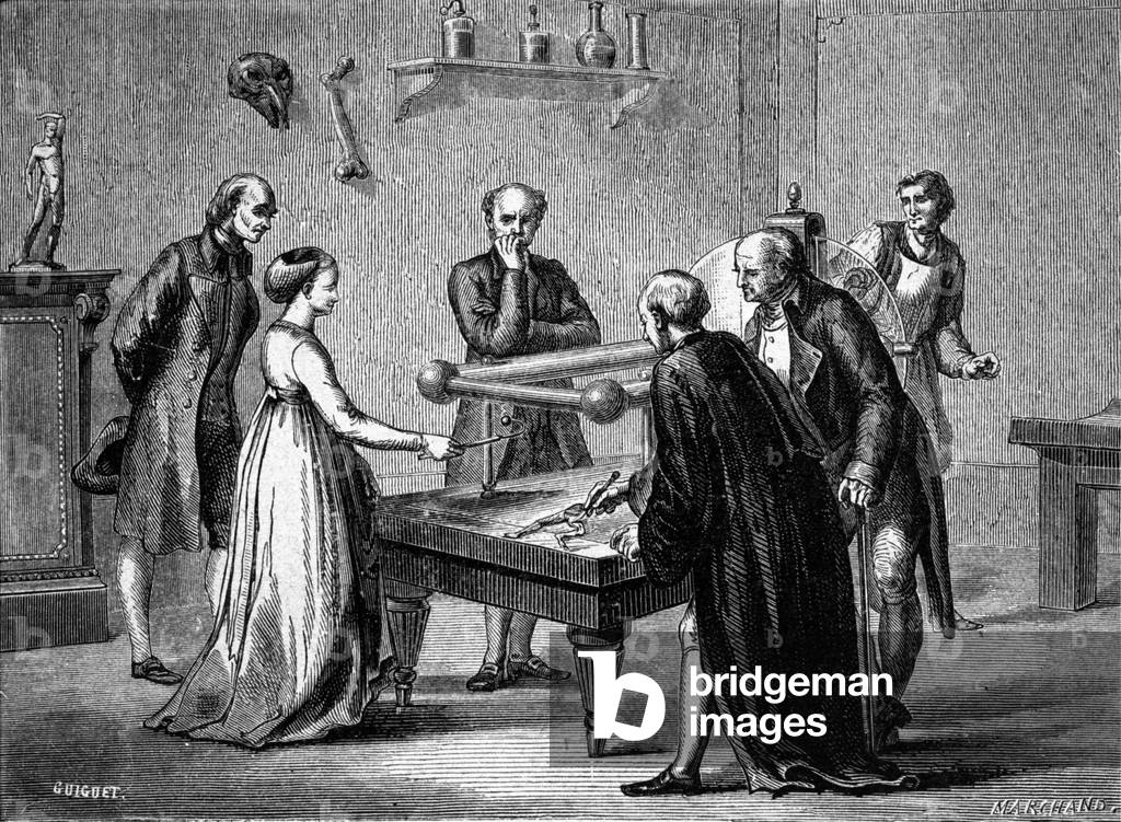 Luigi Galvani, professor in Bologna, discovered in 1780 the irritability of the frog muscles by electricity. Engraving of the 19th century.