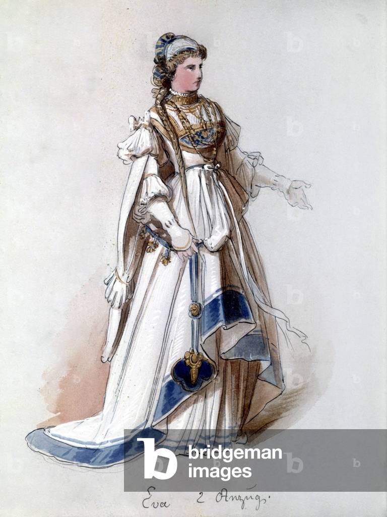 The Master Singers of Nuremberg (Die Meistersinger von Nürnberg), opera created by Richard Wagner: Eva's costume for the first performance. Wagner Museum Bayreuth.