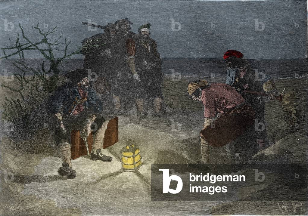 The pirate Edward Teach called Barbenoire (Blackbeard or Blackbeard, 1680-1718), English pirate, buries the tresor - Book of pirates Buccaneers and Marooners of the Spanish Main”” by Howard Pyle (1853 - 1911), American illustrator - 1887