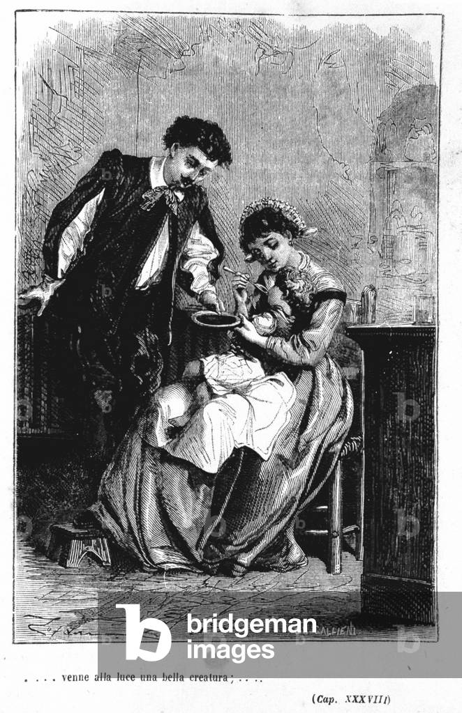 The birth of the son of Renzo and Lucia - in “” The fiancés”” (I promessi Sposi) of Manzoni, 19th century