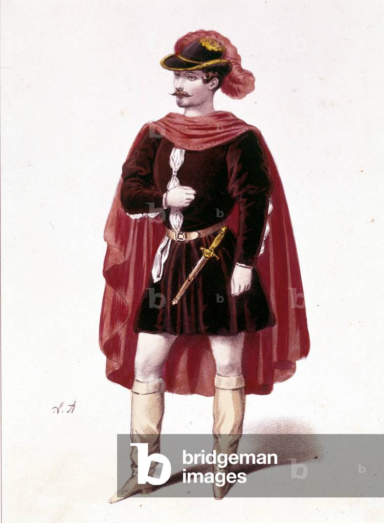 Portrait of the French tenor Louis Gueymard (1822 - 1880) in the role of Henri in the first act of “I vespri siciliani” (The Sicilian vepres) by Giuseppe Verdi, 1855.