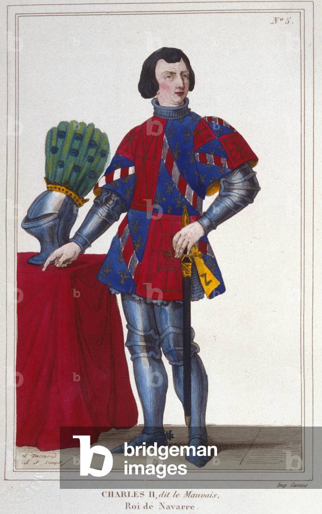 Portrait of Charles II the Evil (1332 - 1387). King of Navarre - Spain from 1349 to 1387. Engraving from 1830