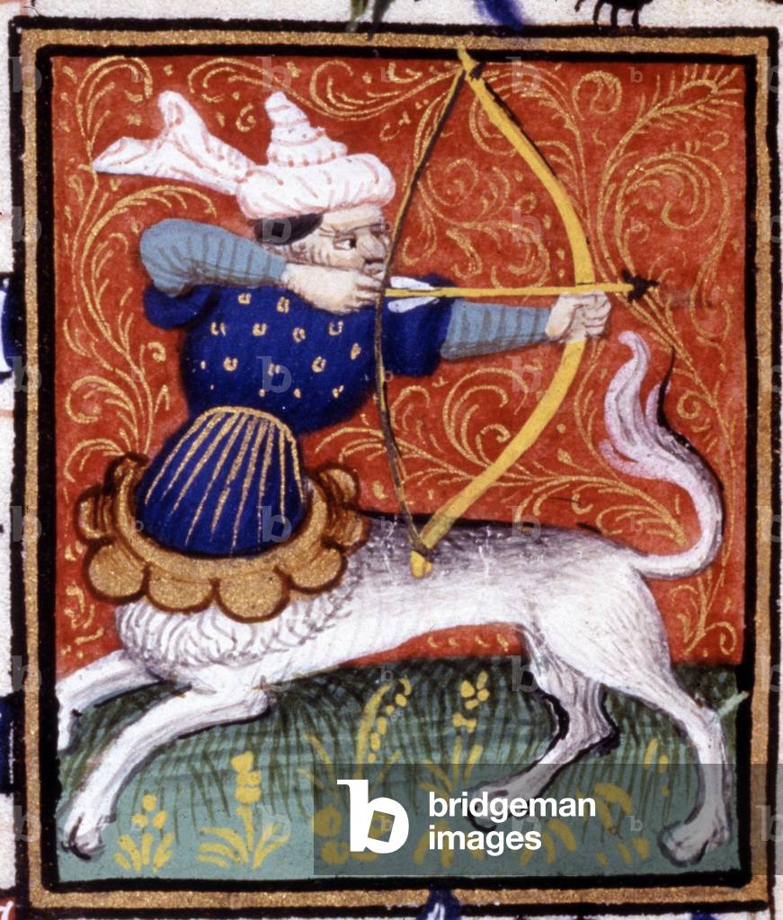 The Sagittarius. Miniature of a horoscope. 15th century manuscript. Bibl. Trivulziana, Milan.