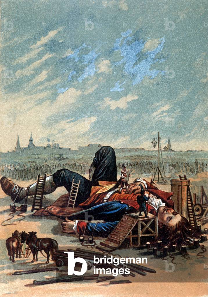 Illustration showing Lilliputians attaching Gulliver. Chromolithography, sd. Late 19th century.