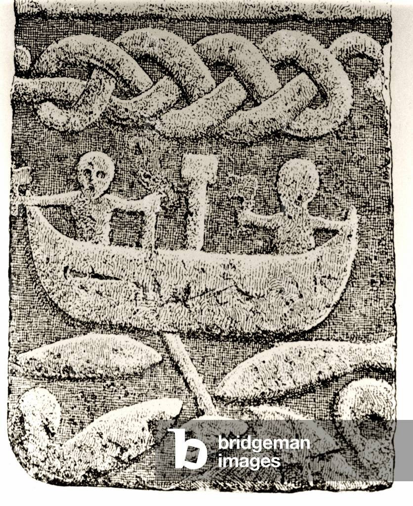 Germanic mythology: reproduction of the low relief representing the legendary fishing of the Midgardhr snake or snake Jormugandr by the Nordic divinite Thor, aided by Giant Hymer.