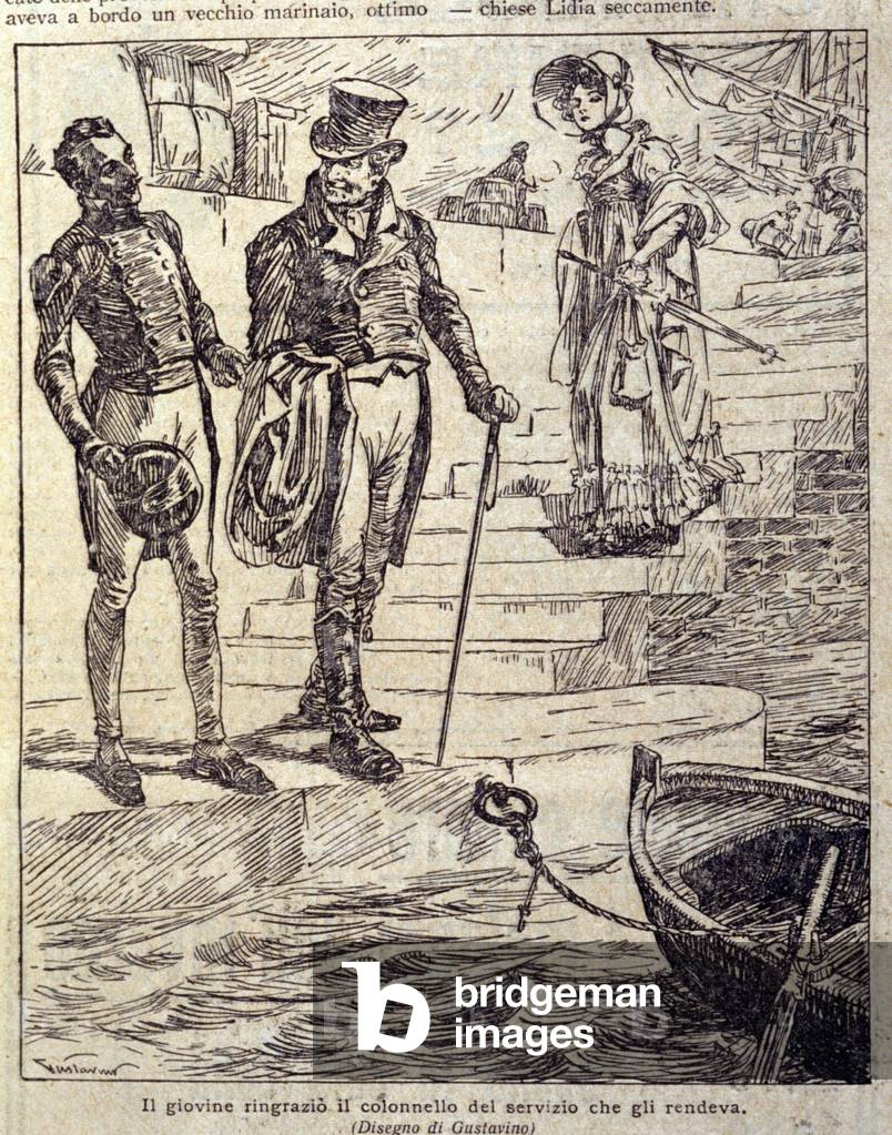 the young man thanked the colonel for his service... Illustration of the new “” Colomba”” written by Prosper Merimee. Engraving by Gustavino (Gustavo Rosso) (1881-1950), circa 1915