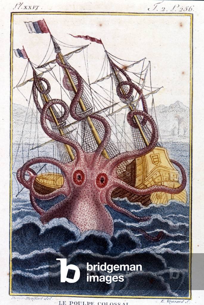 Colossal octopus (octopus, giant squid, kraken) attacking a ship (ship, ship) - engraving of the book by Pierre Denys-Montfort (Denys de Montfort 1766-1820) “” Histoire naturelle des mollusques””, original edition of 1802) -