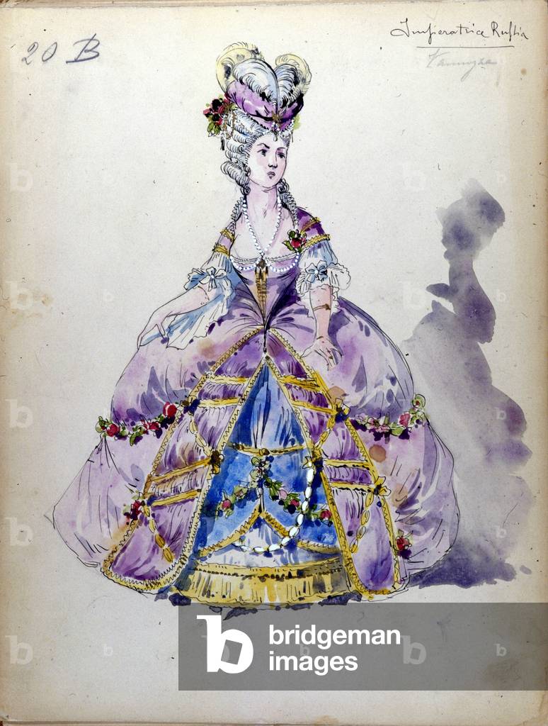 The Lady of Spades: Opera composed in 1890 by Piotr or Petr Ilyich Tchaikovsky (or Tchaikowsky, 1840 - 1893) after Alexander Pushkin's short story. Russian Impress costume. Watercolour. 19th century