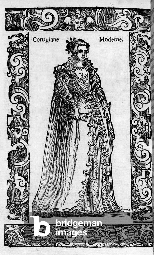 Renaissance: a Roman courtesan in the 16th century. Engraving from “” Modern and Ancient Costumes”” by Cesare Vecellio, 1590.