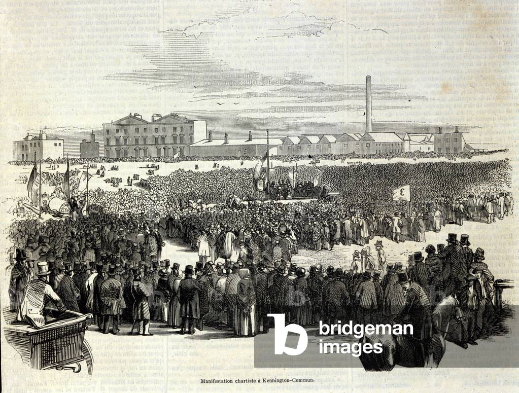 Chartist Demonstration in Kennington Common: it is a labour political movement forerunner of socialism, Engraving of 1848