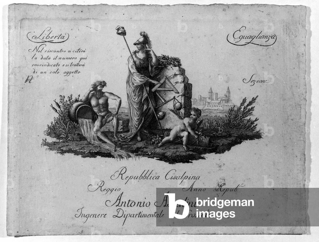 Map of the Cisalpine Republic (Cisalpina) created by Napoleon Bonaparte on 27/06/1797 on the French model in Italy, which became the Italian Republic in 1802. The values of the French Republic are enshrined in it (Liberte, Egalite). Engraving Museo del risorgimento, Milan