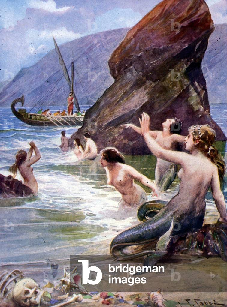 Illustration by F. Fabbri for Homer's Odyssee. Italian edition of 1939. Illustration of hymn XII relating the voyage of Ulysses, attached to the mast of his ship in order to resist the temptation of the siren song.