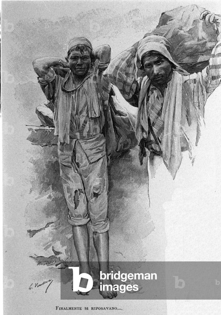 Two “carusi”, underage apprentices. Sicily. 19th century engraving