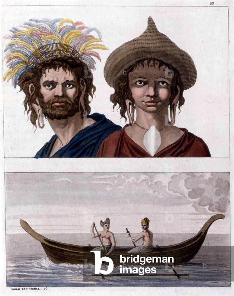 Native to Easter Island (Rapa Nui) in Polynesia, members of the Long Ears clan. Downstairs, one of their boat. - in “” The Old and Modern Costume””” by Jules Ferrario, 1819 - 1820.