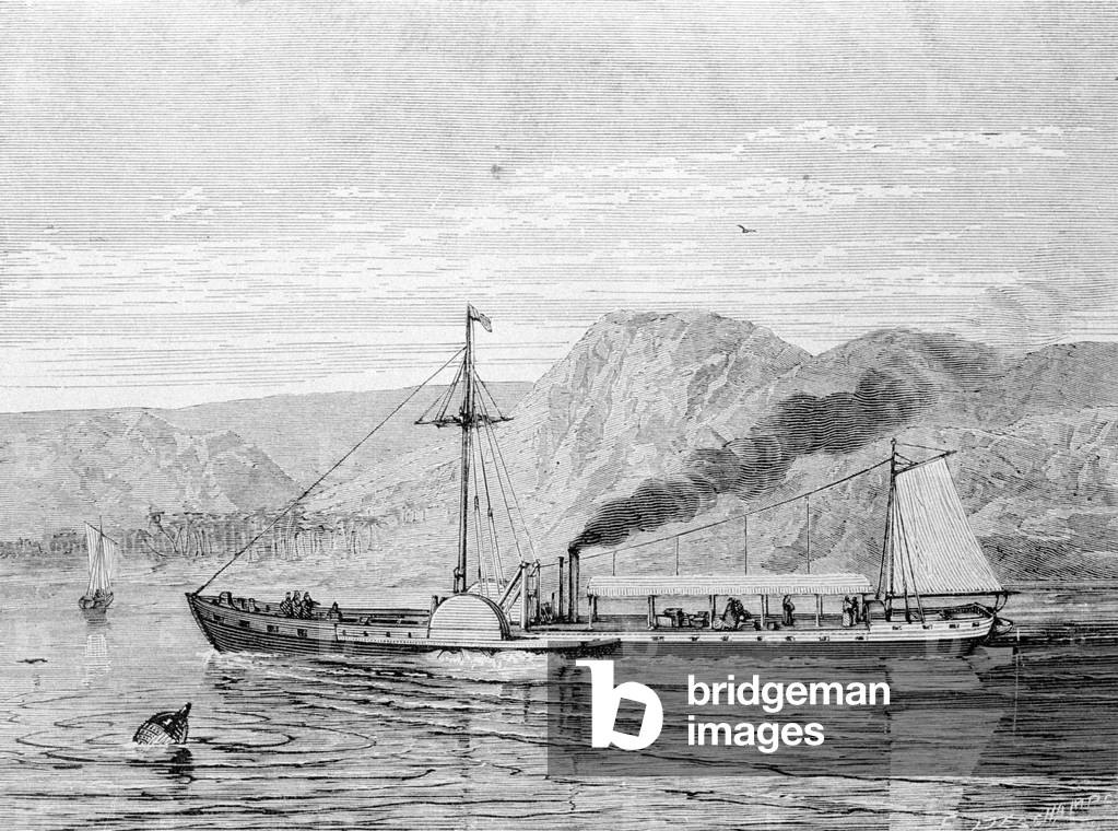 The Clermont, a boat built in 1807 by Robert Fulton (1765 - 1815) to provide the New York - Albany connection on the Hudson River. Engraving 19th century.