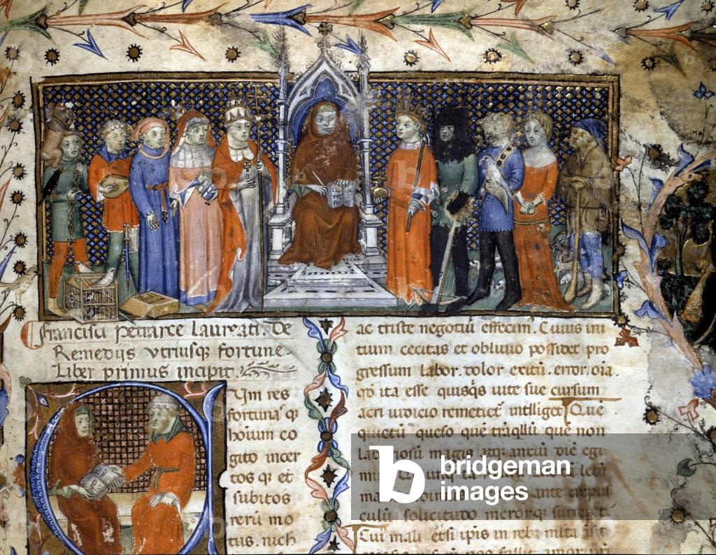 Francesco Petrarca (Petrarch) surrounded by the pope, the king, and various trades of his time (crossbow, falconer, shepherd, minestrel, saltimbank, philosopher...) - after “” De remedijs utrusque fortunae””. Size 29,8 x 12 cm. Milan biblioteca nazionale braidense