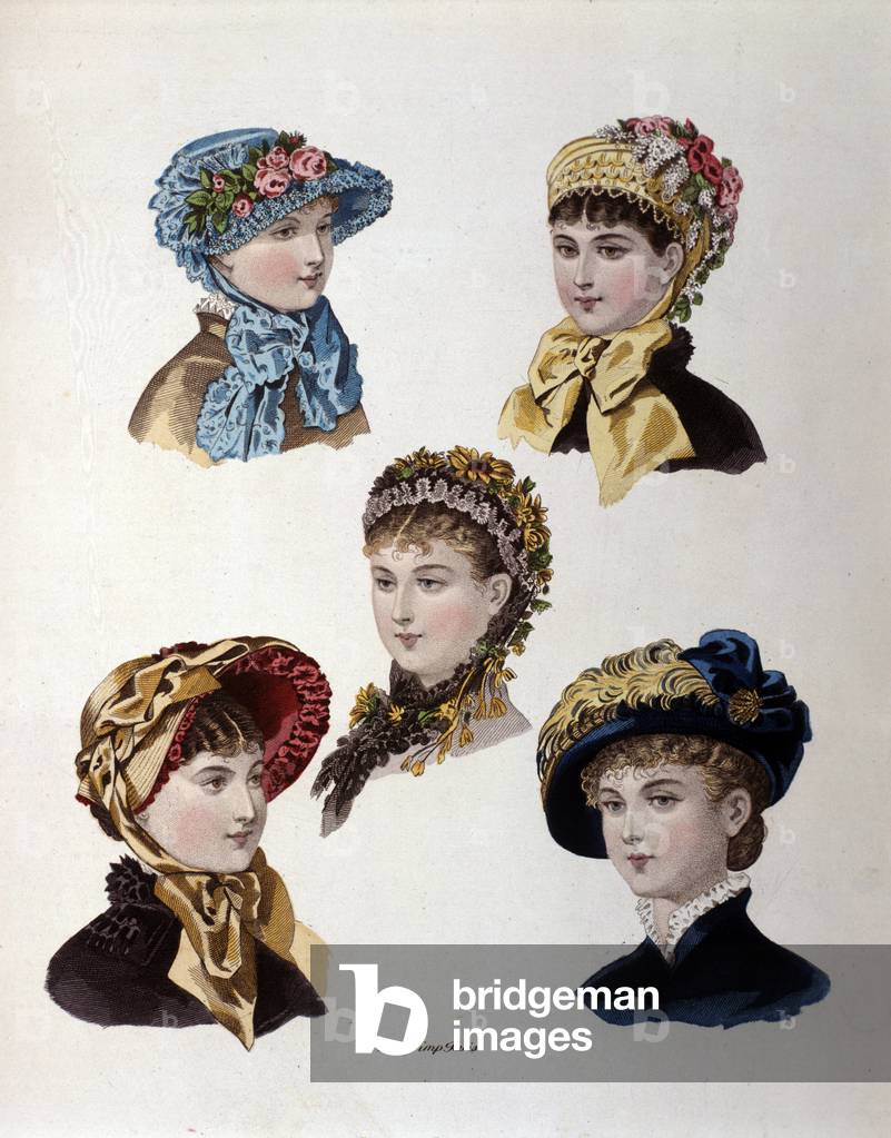Fashion of the end of the 19th century: different models of women's hats, 1888.