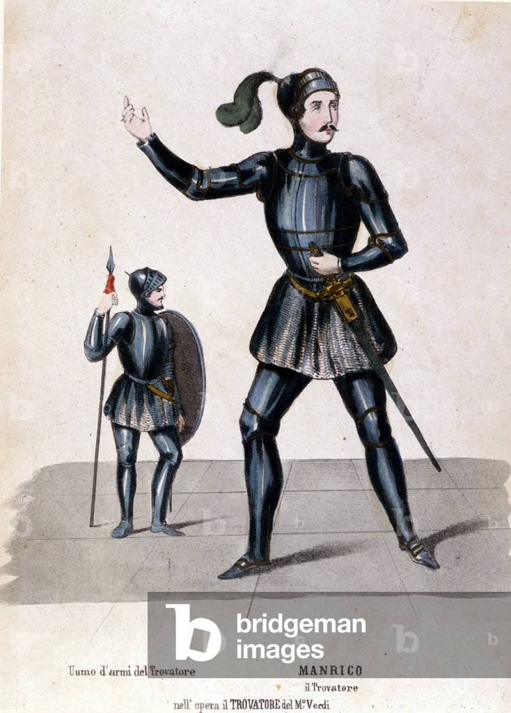 Manrico's costume for the first representation of the Trouvère (Trovatore) by Giuseppe Verdi (1854) biblioteca de la scala de Milan