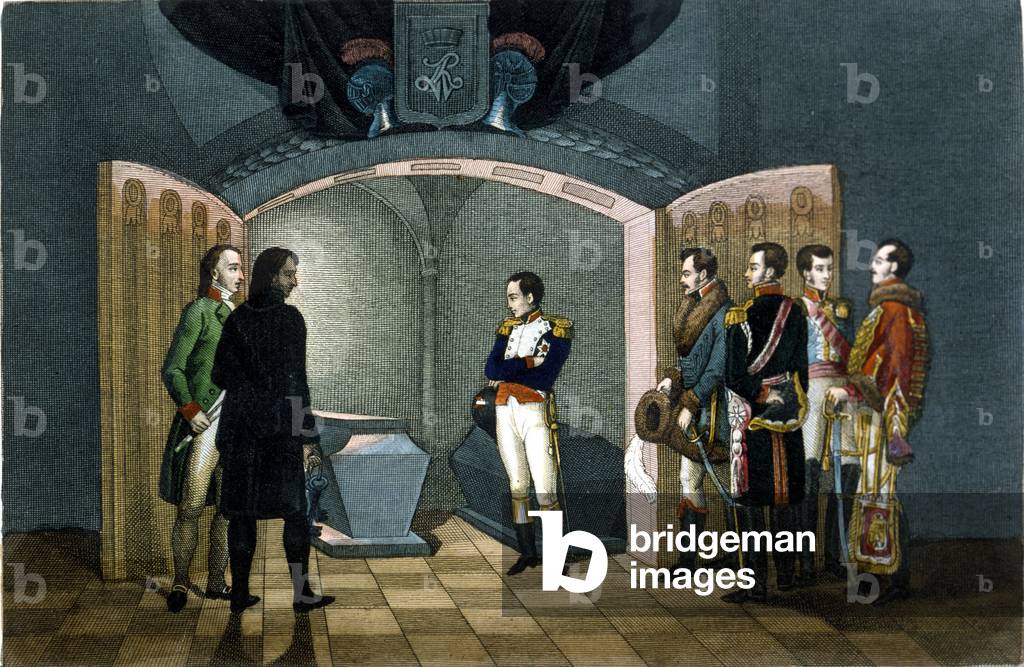 Napoleon Bonaparte in front of the tomb of Frederick II of Prussia.