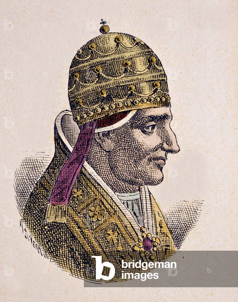 Portrait of the Pope Leon VII (Leo or leone) (936-939), 1898 (engraving with later colouration)