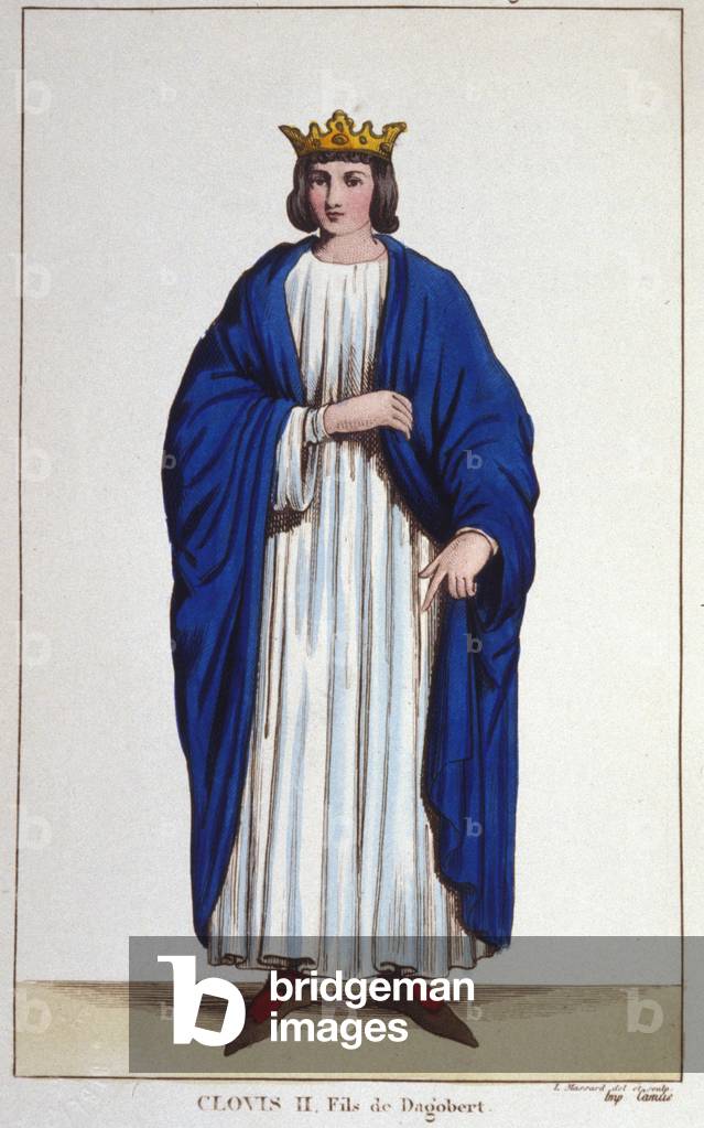 Portrait of Clovis II (? - 657), King of Neustria, Burgundy and Austrasia engraving from 1830