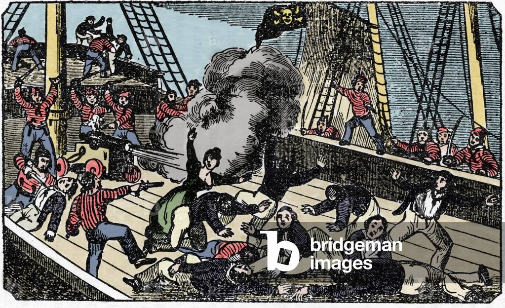 La mort du pirate gentilhomme Jean Lafitte (1780-1826), engraving of “The pirate own book” 1837.