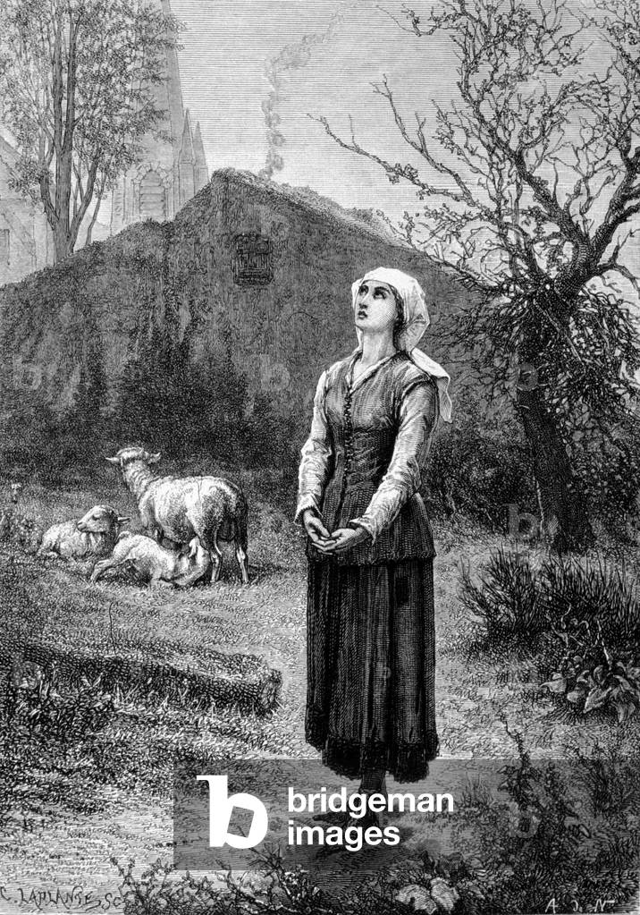 Joan of Arc hears her heavenly voices: the Archangel Saint Michael, Saint Catherine and Saint Margarita ordered her to go to France to help the king and assured him that God will help him. 19th century.