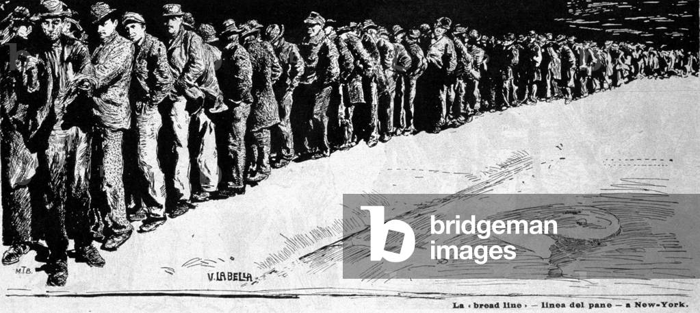 Bild von Zeichnung "Der Brotschwanz: Auswanderer nach New York stehen Schlange" von V. Labella, b/w