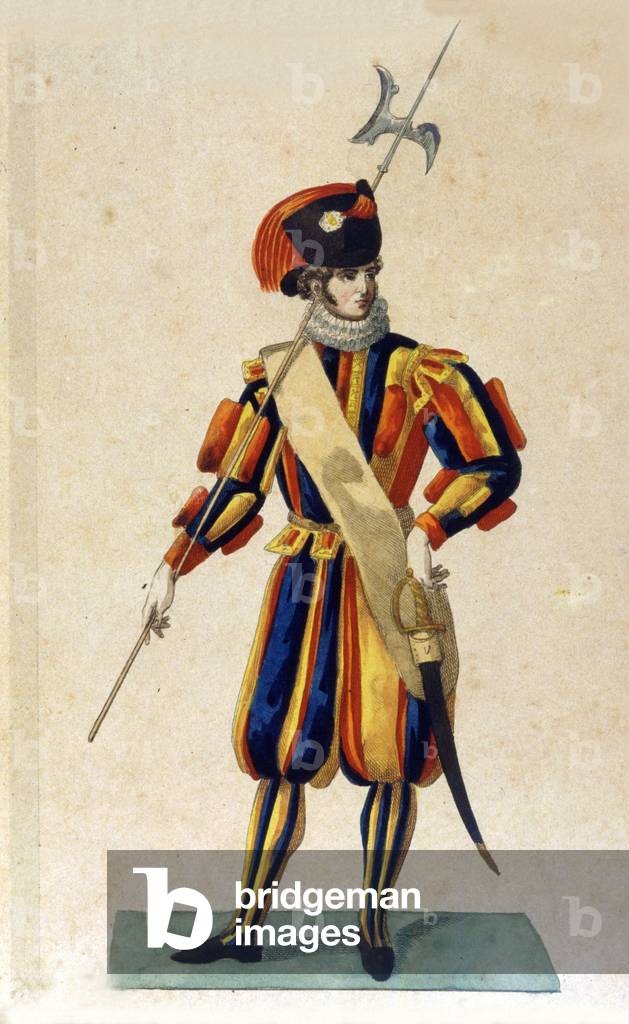 Swiss guard of the Vatican City in small outfit.