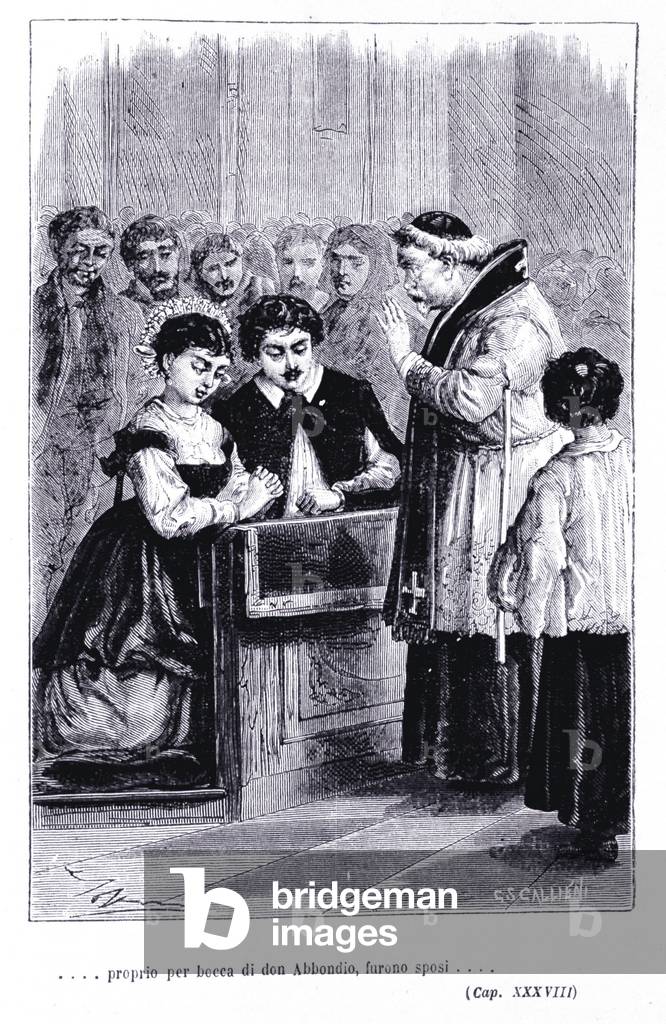 Renzo and Lucia's wedding. Engraving in “” Les fiances”” (I promessi Sposi) by Alessandro Manzoni (1785-1873), 19th century