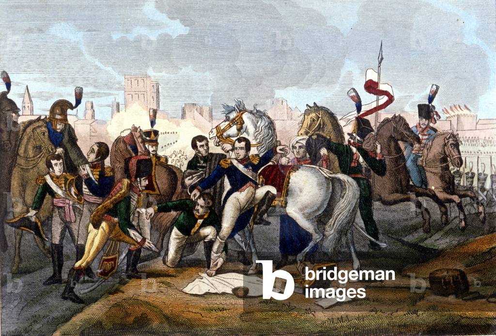 Napoleon I wounded in front of Regensburg on 23 April 1809. Engraving 19th century.