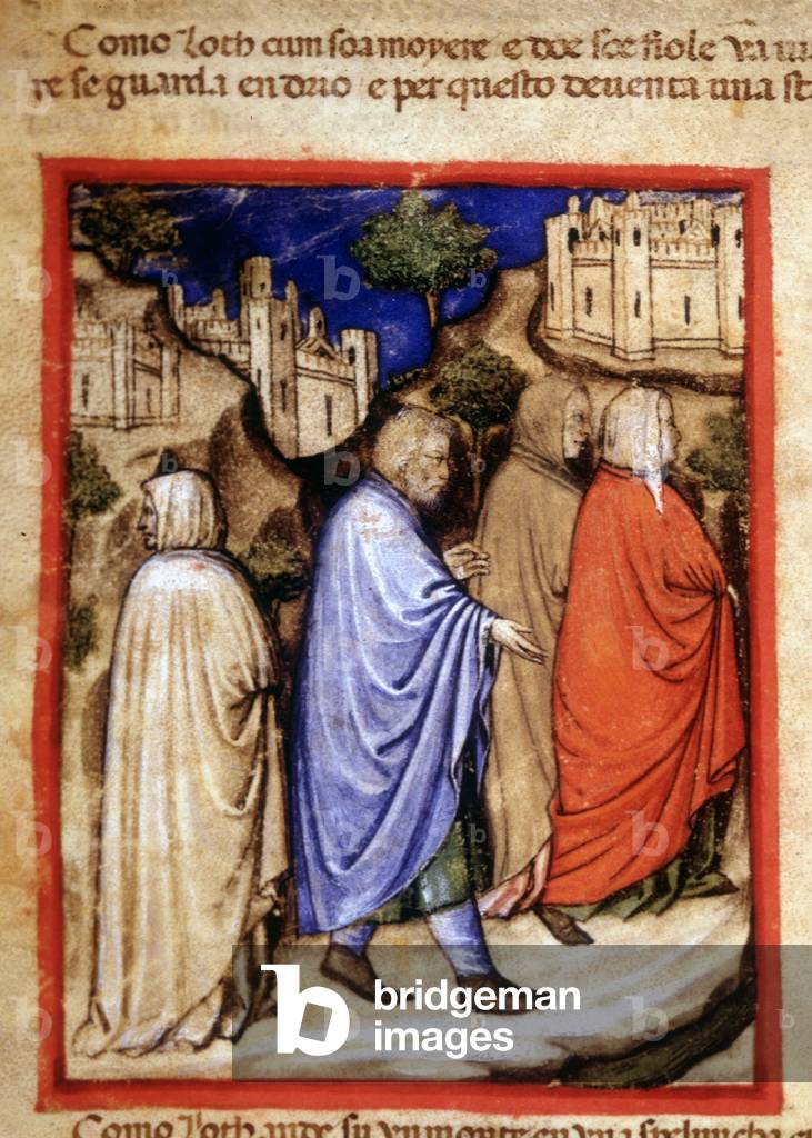 The leak of Loth and his wife turned into a salt statue for looking back. Miniature from codex 212 (or padovano codice or Bible of Padua) 1390-1400 Rovigo, Accademia dei Concordi