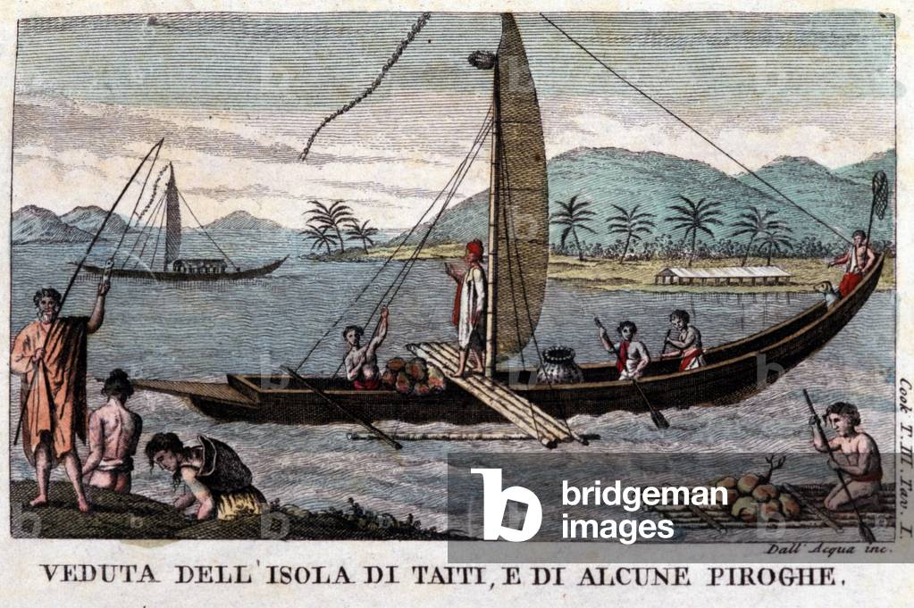A polynesian swing canoe in Tahiti. On board a load of coconut and bread tree fruits. Lithograph of the 19th century