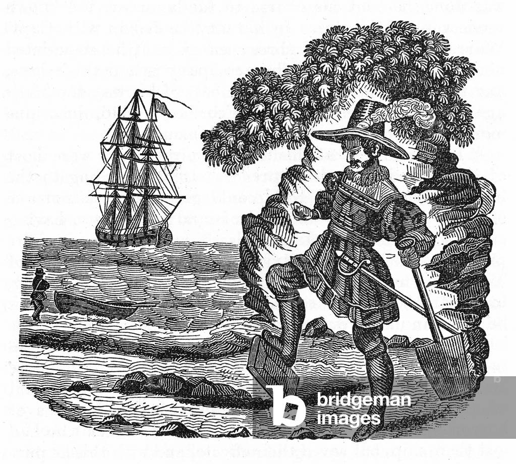 Scottish pirate William Kidd (1645-1701) buries the Bible. Engraving of “The pirate own book”, 1837.