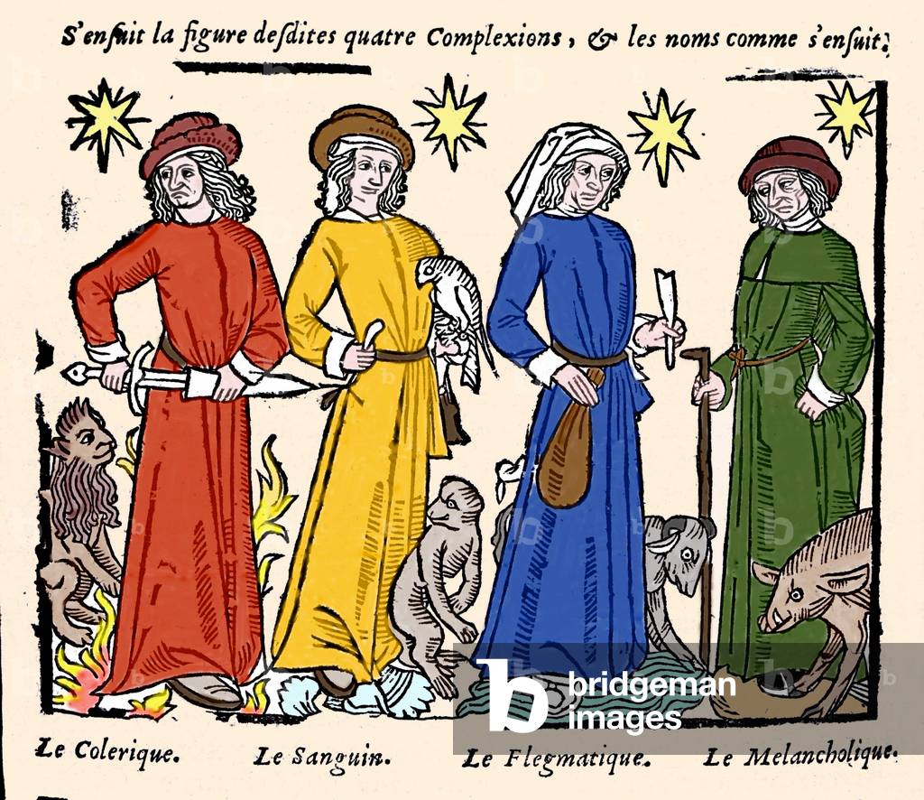 The doctrine of the 4 elements (water, air, earth, fire) influencing the four temperaments, a sort of classification of men in blood (warm and kind), phlegmatic (slow and apathetic), melancholic (sad and deprime) and colerical (quick and quick to react). From the studies of the antiquity doctor Claude Galien (Klaudios Galenos or Claudio Galeno or Claudius Galenus or Galen, v. 131 - v. 201), from a xylography of the “Great Calendar and Compost of the Shepherds”. Milano Biblioteca del presidio militare.
