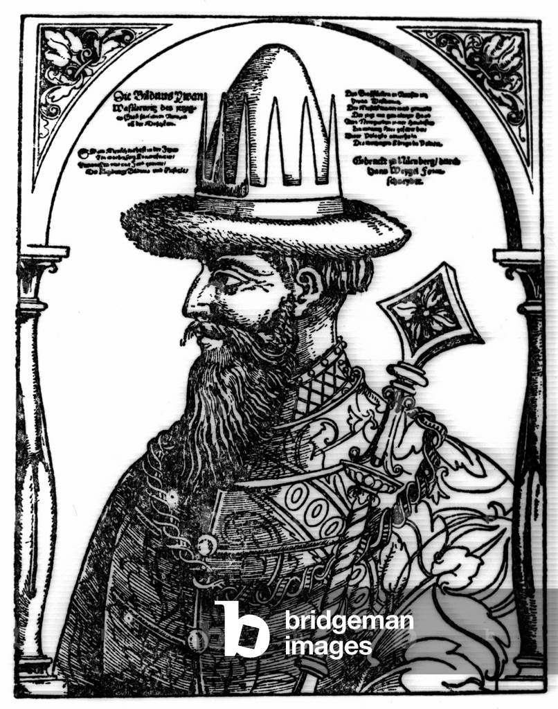 Portrait of Ivan IV the Terrible (1533 - 1584), Russian tsar. Xylography by Hans Weygel.