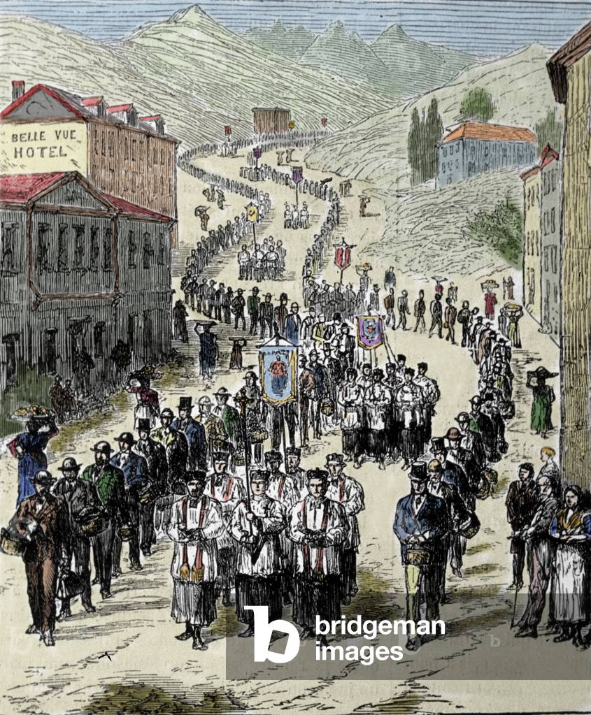 View of the procession from the station to the cave of Lourdes in the High Pyrenees where the Virgin appeared to Bernadette Soubirous (1844-1879) in 1858, present place of pilgrimage. Engraving of the 19th century