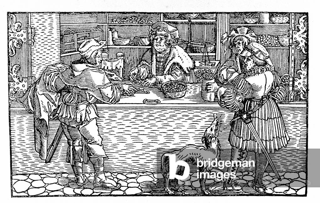 Bureau de change et barter. German Xylography of the 16th century