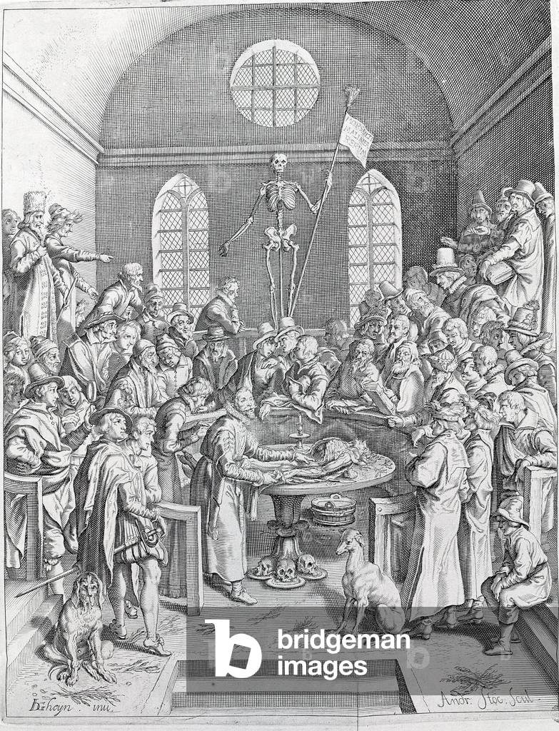 The dissection Group of doctors and scientists reunited to follow a dissection in an amphitheatre. Engraving from 1788