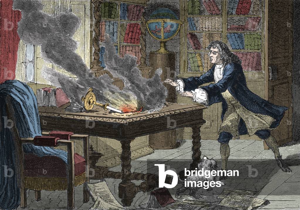 Image of Isaac Newton's dog knocking over a candle and setting fire by Italian School, (19th