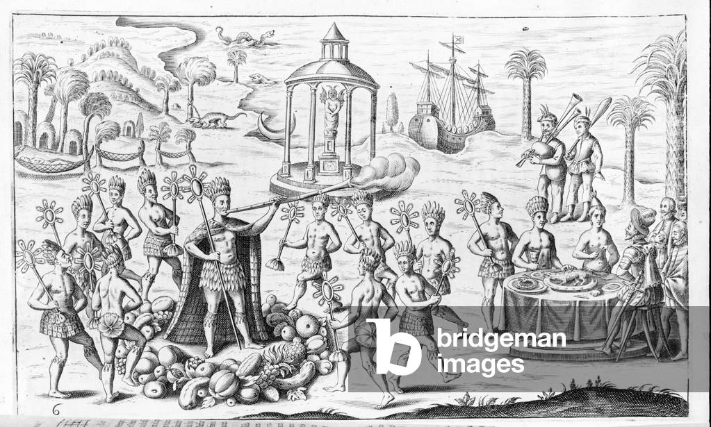 Indians of America: scene depicting smokers, while others offer victuals to the Conquistadores. Wood engraving.