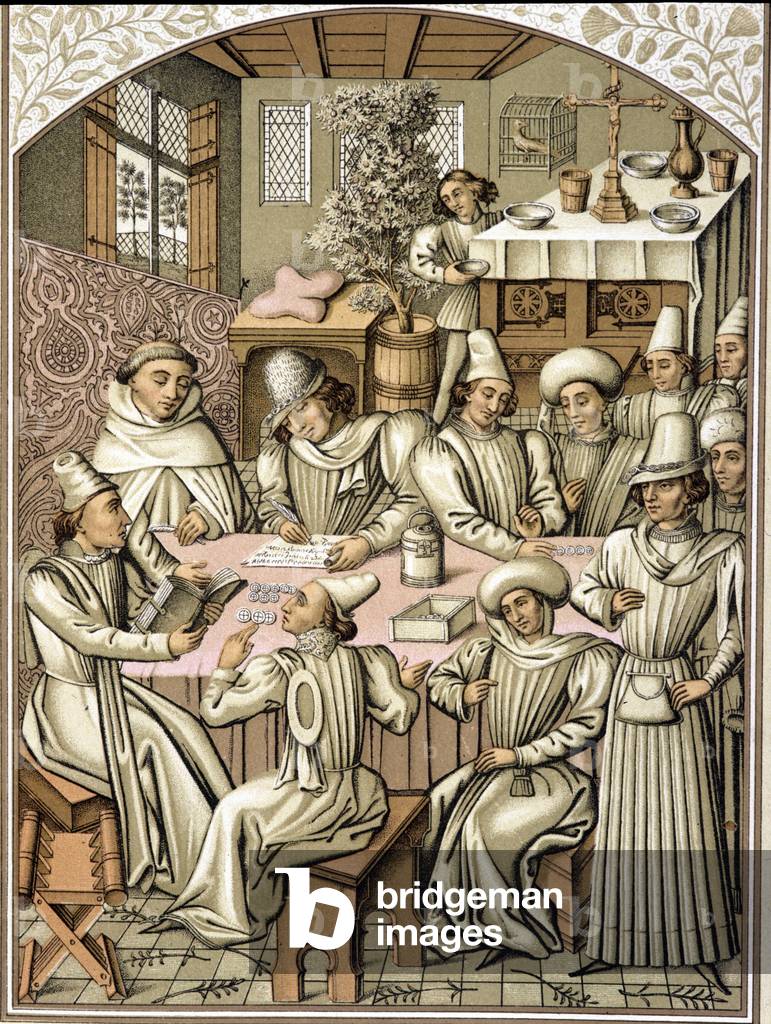 Representation of civil servants in the 14th century. chromolithographfrom the book of accounts of the confraternity “Dio e Nostra Signora””, 19th century.
