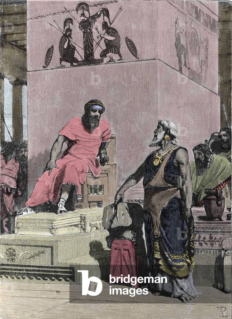 King Tarquin the Elder, of Etruscan origin, (616-578 BC) meets the auspicious Accius Navius (Attus Nauius). Engraving of the 19th century